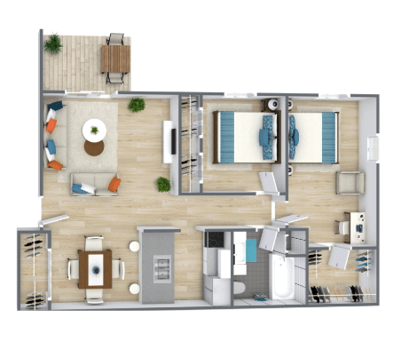 Floor plan for 2 beds, 1 bath, 960 sqft